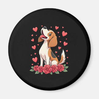 Cute Beagle with Red Roses Hearts Floral Valentine Magneet