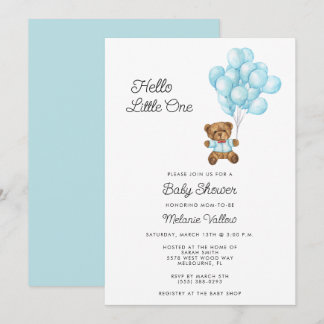 Cute Bear Boy Blue Baby Shower Invite Kaart