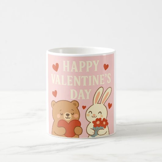 Cute Bear & Bunny Valentine's Day Mug – Pink Heart Koffiemok (Center)