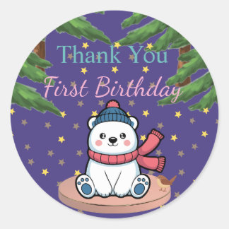 Cute Bear First Birthday Party  Ronde Sticker