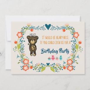 Cute Bear & Floral Wreath Anniversaire Invitation