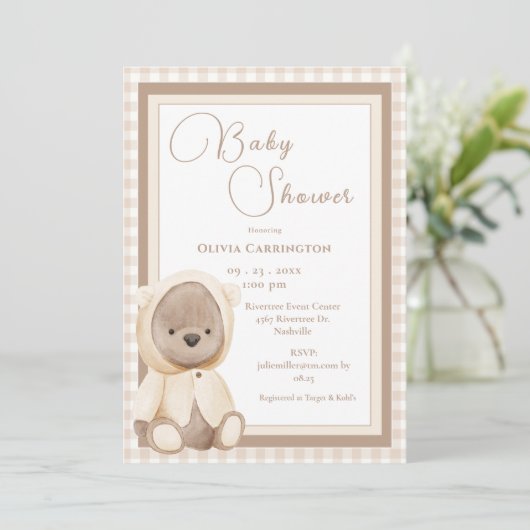 Cute Bear Gingham Vintage Baby Shower Invitation (Debout devant)