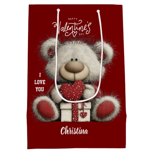 Cute Bear Happy Valentines Day Script Name  Medium Cadeauzakje (Achterkant)