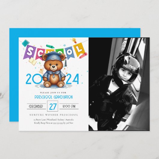 Cute bear Kindergarten Graduation Invitation (Devant / Derrière)