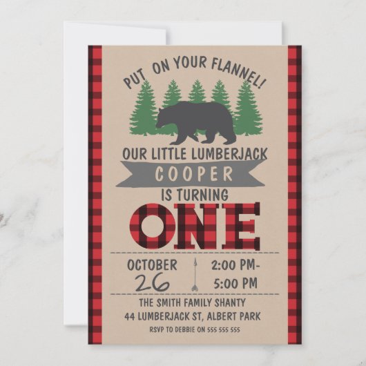 Cute Bear Lumberjack 1er Anniversaire Invitation (Devant)