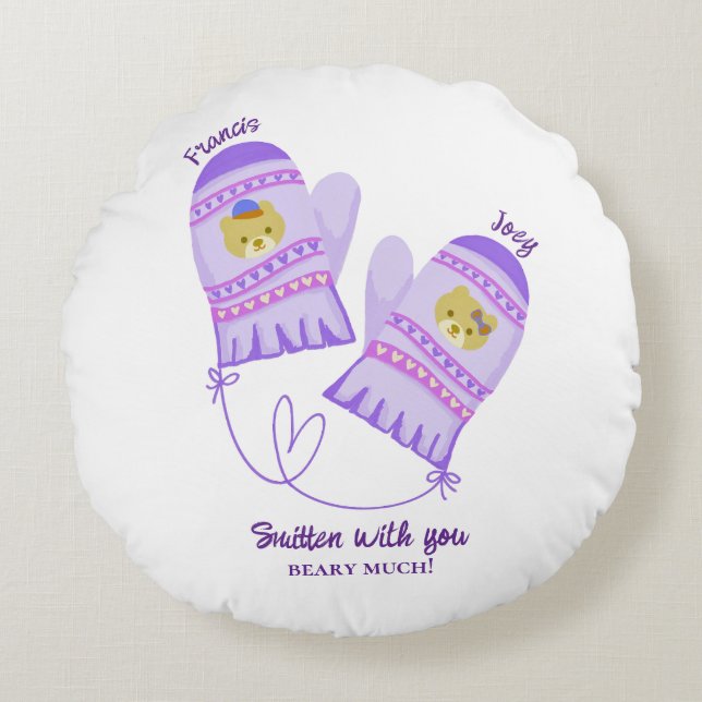Cute Bear Mittens Personalized Lovers Round Pillow Rond Kussen (Voorkant)