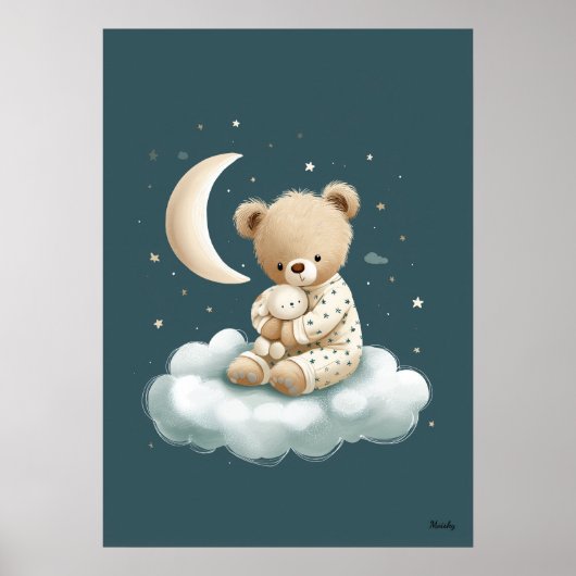 Cute Bear on Cloud Nursery Bedtime Wall Art Poster (Voorkant)