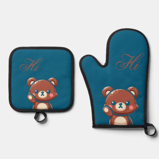Cute Bear Oven Mitt and Pot Holder Set – Teal Blue (Voorkant)