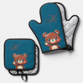 Cute Bear Oven Mitt and Pot Holder Set – Teal Blue (Voorkant / Achterkant)