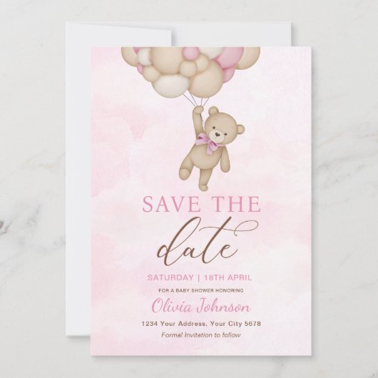 Cute Bear Pink Save the Date Kaart (Voorkant)