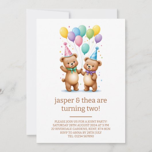 Cute Bear Twins 2e Anniversaire Fête Invitation (Devant)