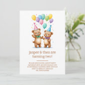 Cute Bear Twins 2e Anniversaire Fête Invitation (Debout devant)