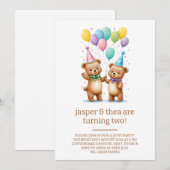 Cute Bear Twins 2e Anniversaire Fête Invitation (Devant / Derrière)