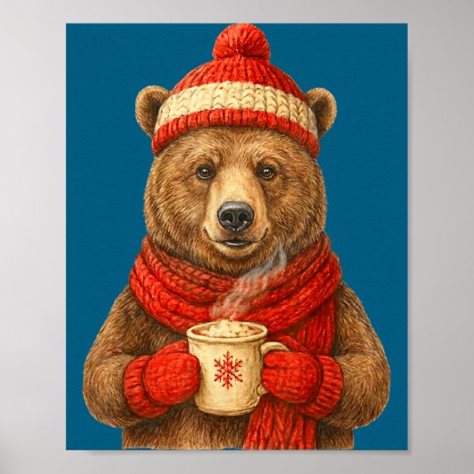 Cute Bear With Santa Hat Coffee Lover Funny Winter Poster (Voorkant)