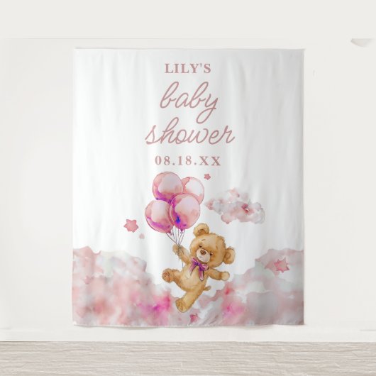 Cute Bearly Wait Roze Meisje Baby Shower Foto Prop Wandkleed (Voorkant)