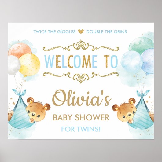 Cute Bears Twins Baby Boys Douche Affiche de bienv (Devant)