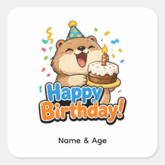 Cute Beaver & Cake Aangepaste verjaardagsfeestje F Vierkante Sticker