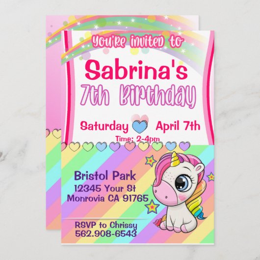 Cute bébé Unicorn 7e anniversaire invitation (Devant / Derrière)