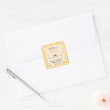 Cute Bee Baby Shower Favor Sticker Yellow Gingham