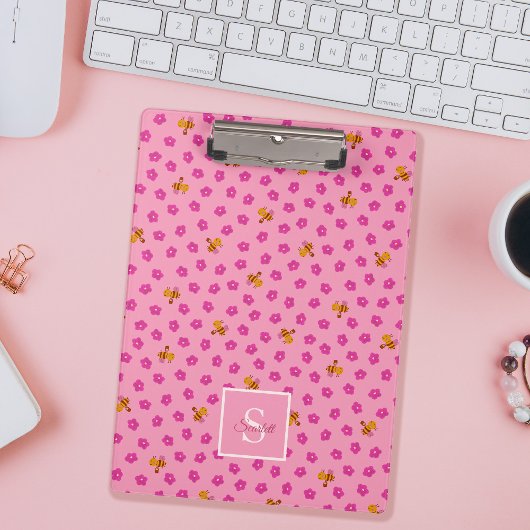 Cute Bee & Flowers Pattern Monogram Name – Pink Klembord