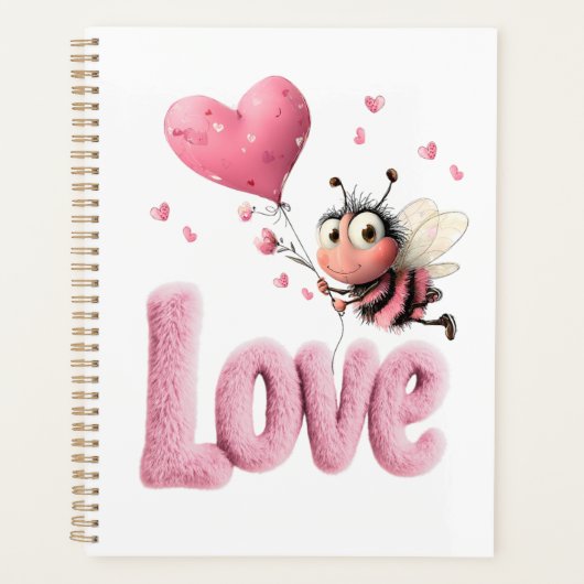 Cute Bee Fluffy Pink Love Heart Balloon  Planner (Voorkant)