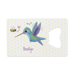 Cute bee hummingbird cartoon illustration kredietkaart flessenopener