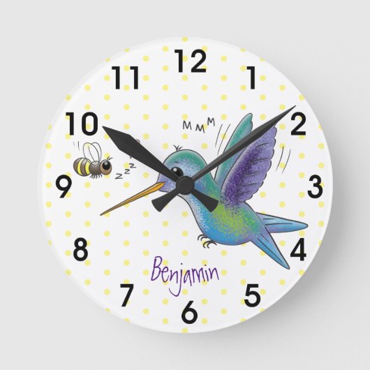 Cute bee hummingbird cartoon illustration ronde klok (Voorkant)