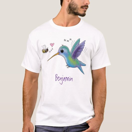 Cute bee hummingbird cartoon illustration t-shirt (Voorkant)