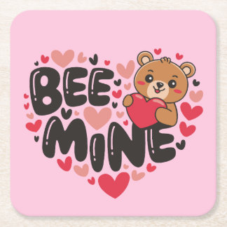 Cute Bee Mine Teddy Bear Valentine's Day Vierkante Kartonnen Onderzetter