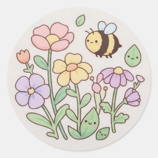 Cute Bee & Smiling Flowers Sticker - Pastel Floral (Devant)