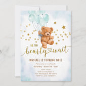 Cute Beer Baby Boy's Birthday Party Invitation Kaart (Voorkant)