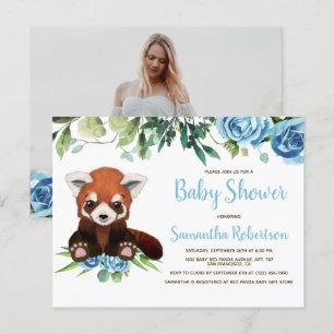 Cute Beer Blue Flowers Boy Baby shower Foto Uitnodiging Briefkaart