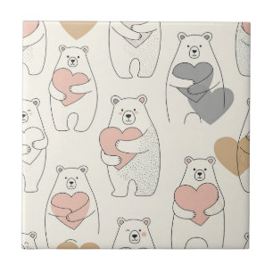 Cute Beer en Harten -- Pastelkleurige Kinderkamer Tegeltje