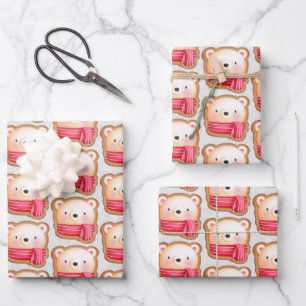 Cute Beer Face Red Scarf en Rosy Cheeks Kerstmis Inpakpapier Vel