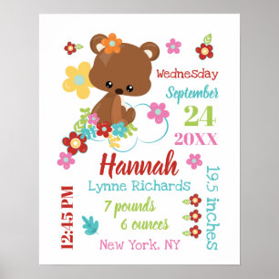 Cute Beer & Flowers Baby Girl Birth Record Stats Poster