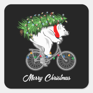 Cute Beer met kerstboomcadeaus voor fietsers Vierkante Sticker