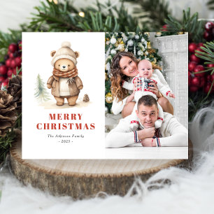 Cute Beer Prettig Kerst Foto Vakantie Ansichtkaart Feestdagenkaart