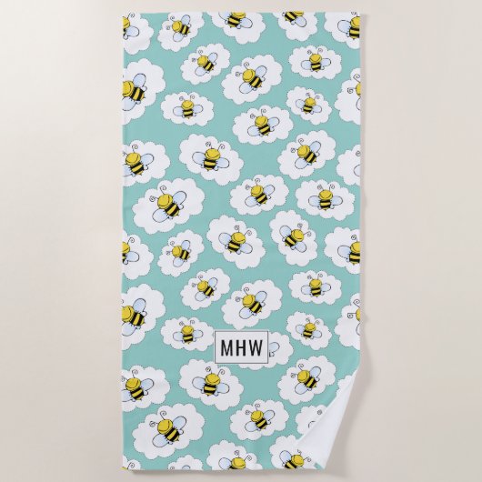 Cute Bees personnalisé monogramme serviette de pla (Devant)
