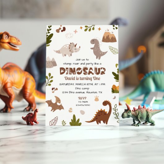 Cute Beige Aquarelle Dinosaure Invitation Annivers
