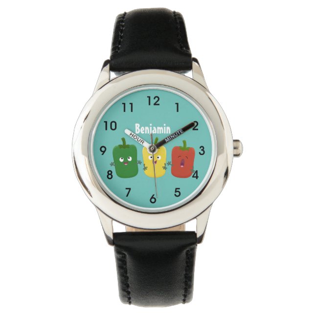 Cute bell pepper capsicum trio zingende cartoon horloge (Voorkant)