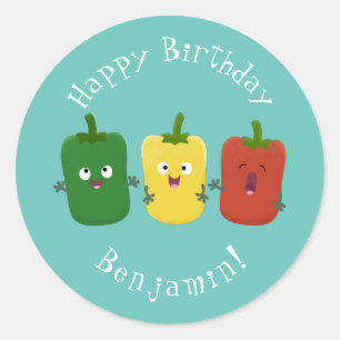 Cute bell pepper capsicum trio zingende cartoon ronde sticker