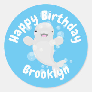 Cute beluga walvis bubbelt cartoon verjaardag ronde sticker