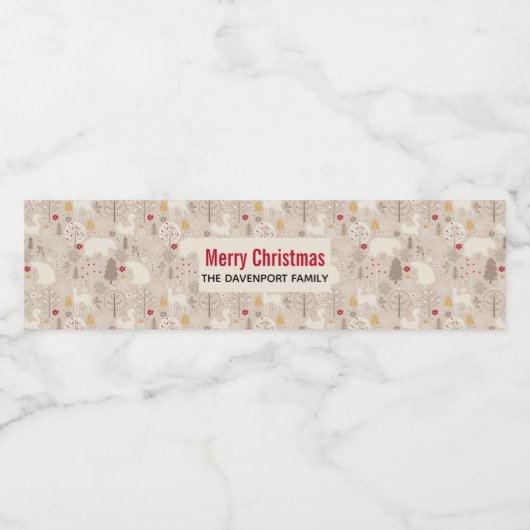 Cute Beren & Deer Nordic Pattern Kerstmis Waterfles Etiket (Enkel label)