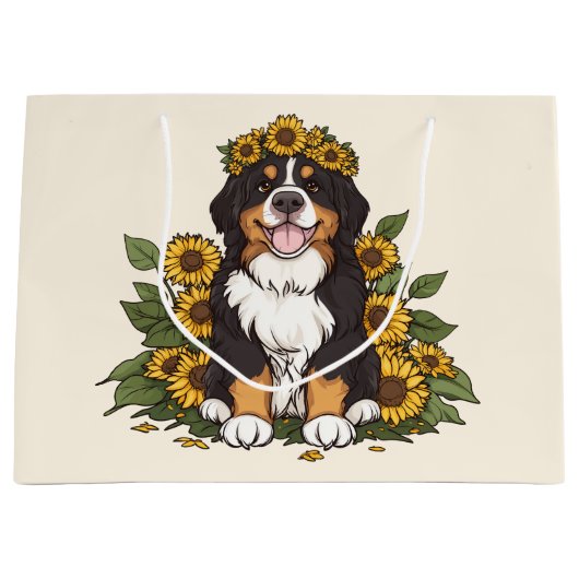 Cute Bernese Mountain Dog Wearing Sunflower Crown Groot Cadeauzakje (Voorkant)