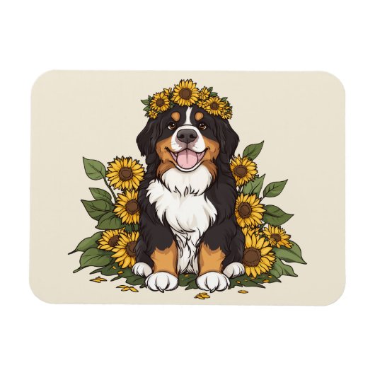 Cute Bernese Mountain Dog Wearing Sunflower Crown Magneet (Horizontaal)
