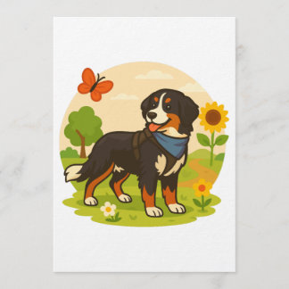 Cute Bernese Mountain Dog with Sunflower & Butterf Kaart