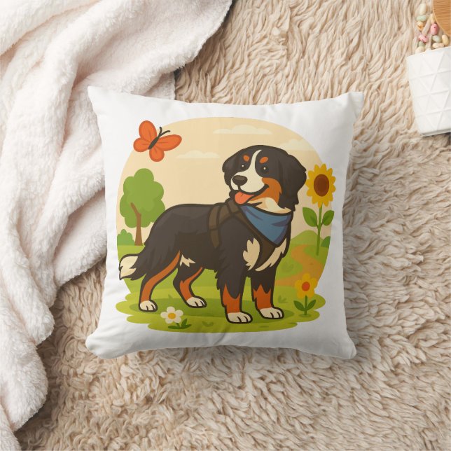 Cute Bernese Mountain Dog with Sunflower & Butterf Kussen (Deken)