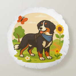 Cute Bernese Mountain Dog with Sunflower & Butterf Rond Kussen