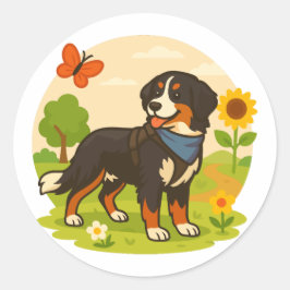 Cute Bernese Mountain Dog with Sunflower & Butterf Ronde Sticker