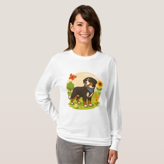 Cute Bernese Mountain Dog with Sunflower & Butterf T-shirt (Voorkant volledig)